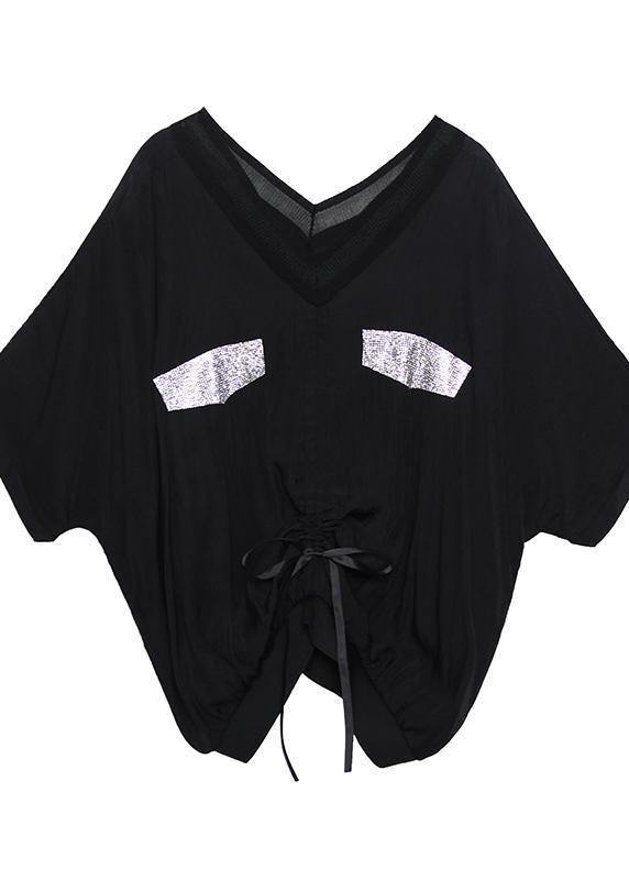 Women v neck drawstring cotton shirts Work black top summer - SooLinen