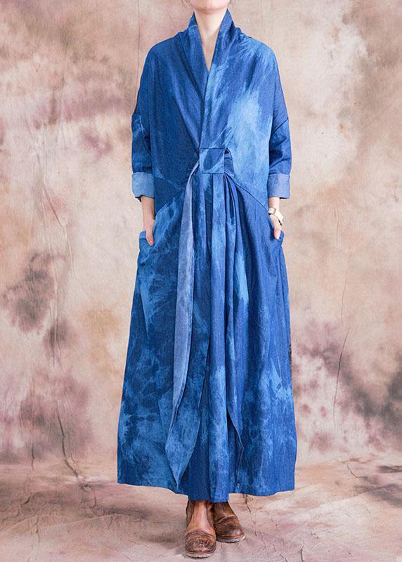 Women v neck tie waist cotton clothes denim blue A Line Dress fall - SooLinen