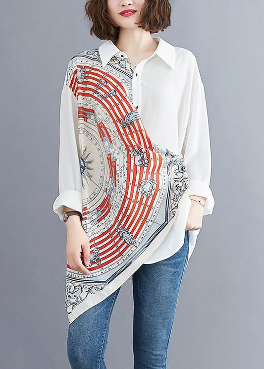 Women white prints blended box top asymmetric baggy summer blouses - SooLinen