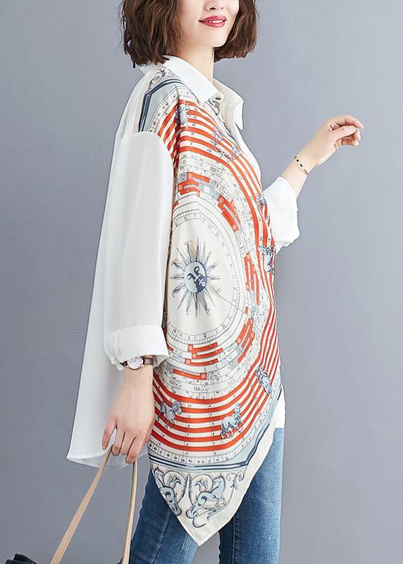 Women white prints blended box top asymmetric baggy summer blouses - SooLinen