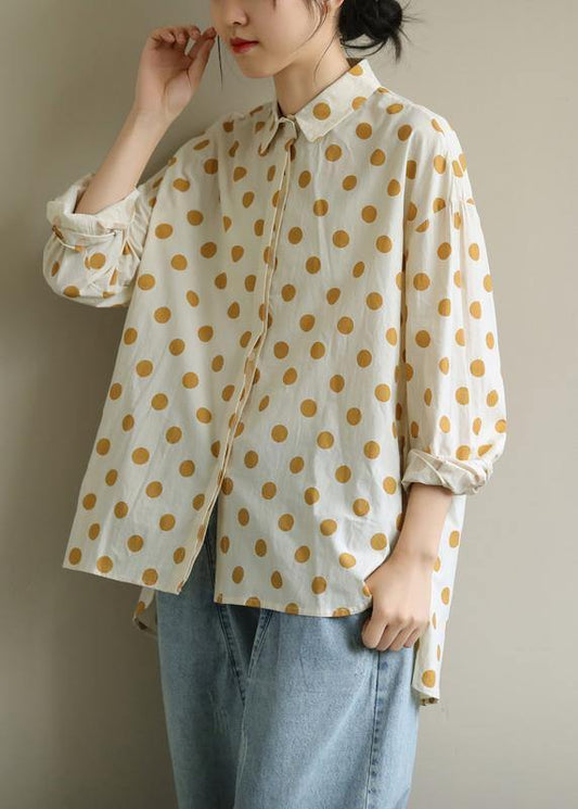 Women yellow dotted clothes lapel low high design Knee blouses - SooLinen