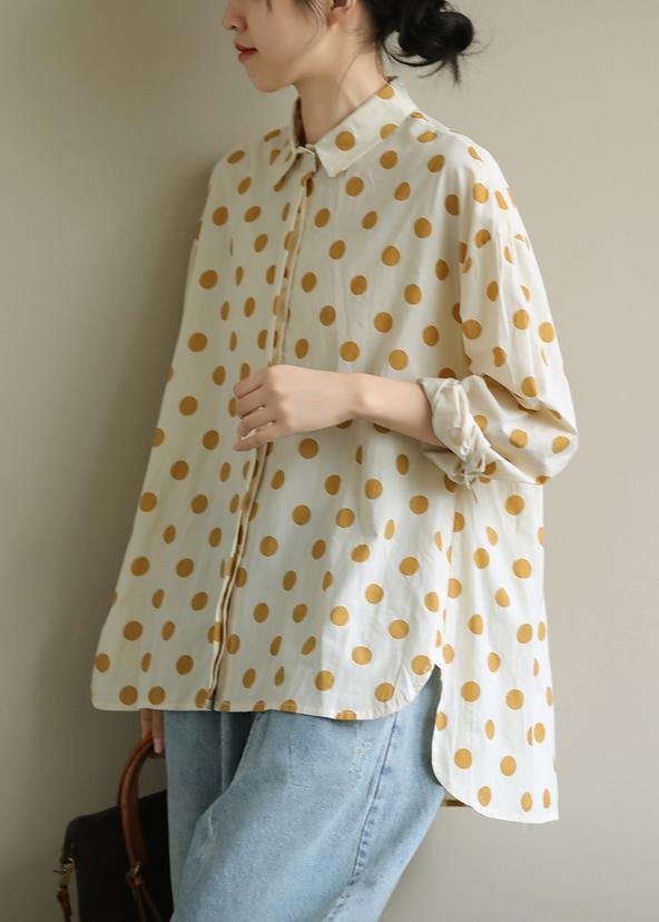 Women yellow dotted clothes lapel low high design Knee blouses - SooLinen