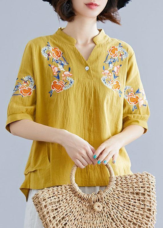 Women yellow embroidery linen cotton Blouse Sewing v neck summer top - SooLinen