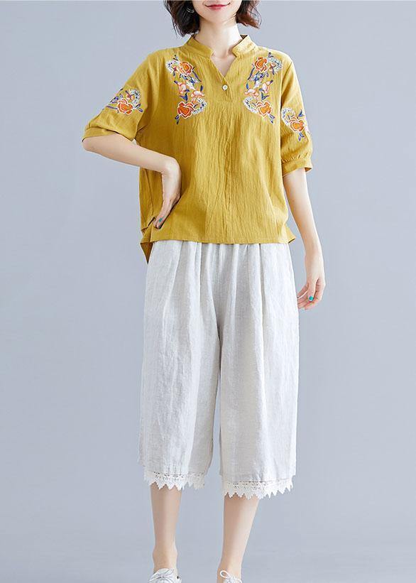 Women yellow embroidery linen cotton Blouse Sewing v neck summer top - SooLinen