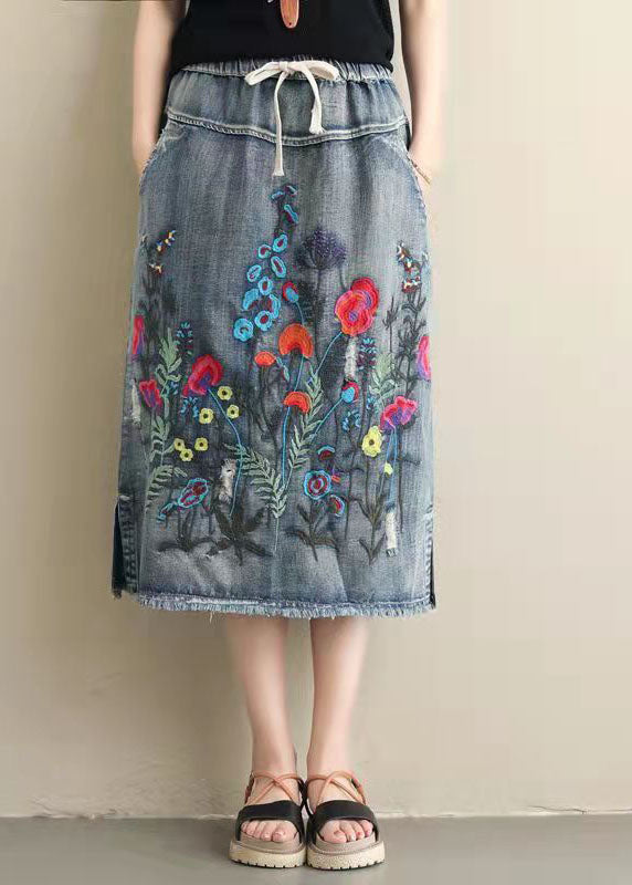 Femmes Blue Blue Broideried Pockets A-Line Summer Denim Jirts