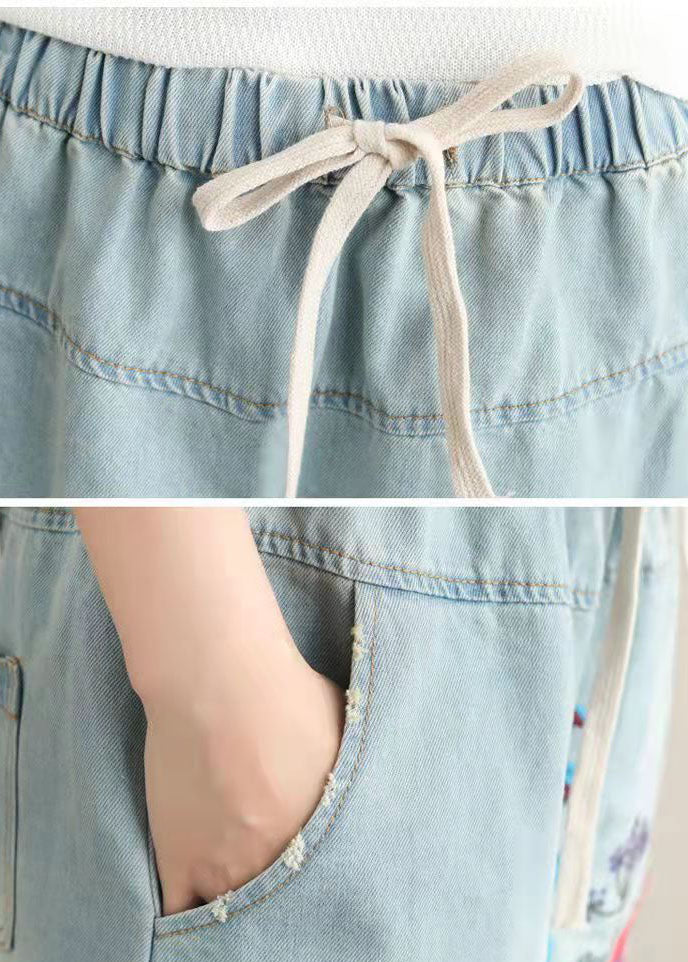 Femmes Blue Blue Broideried Pockets A-Line Summer Denim Jirts