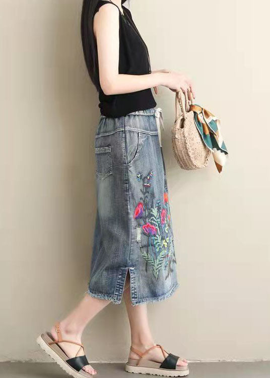 Femmes Blue Blue Broideried Pockets A-Line Summer Denim Jirts