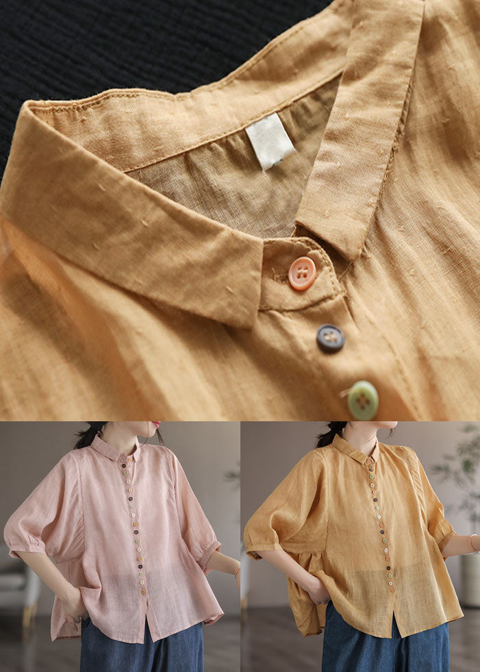 Yellow Patchwork Linen Blouse Tops Peter Pan Collar Half Sleeve