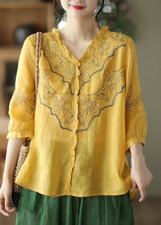 Top en lin patchwork jaune