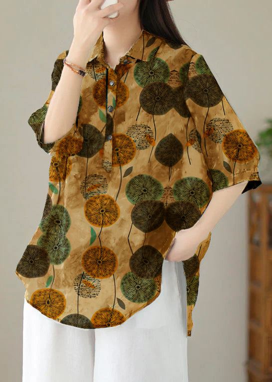 Italian Yellow-leopard print Peter Pan Collar Print Patchwork Cotton Blouses Summer