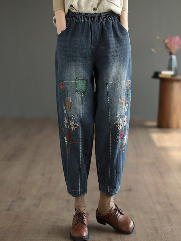 Pantalon de denim Harem à élasticité brodée décontractée