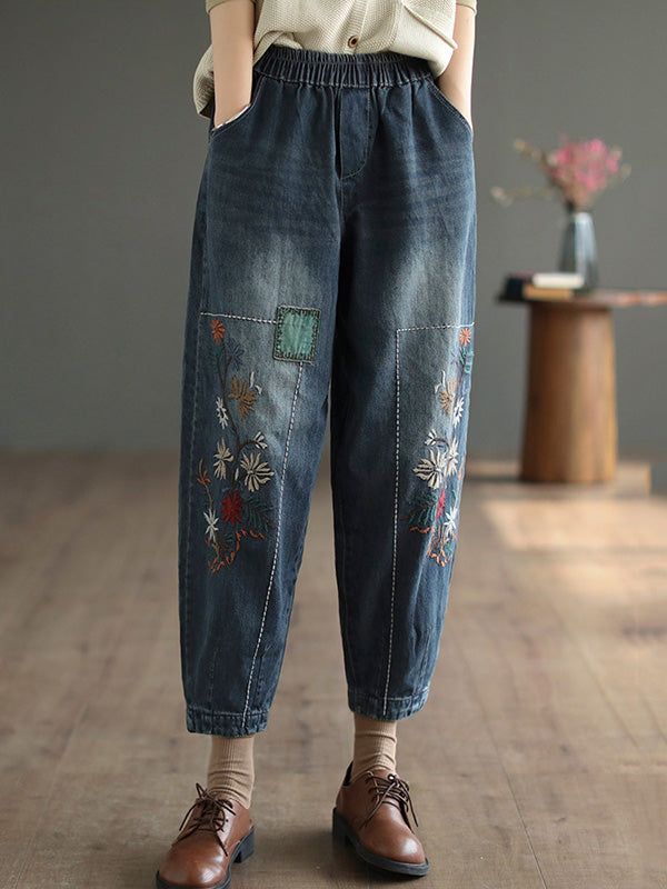 Pantalon de denim Harem à élasticité brodée décontractée