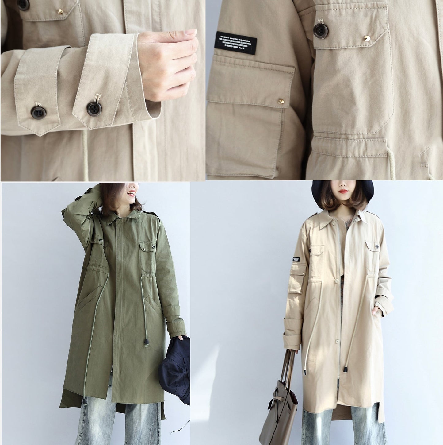 Automne beige coton trench-coat Tie à la taille des poches lâches parka