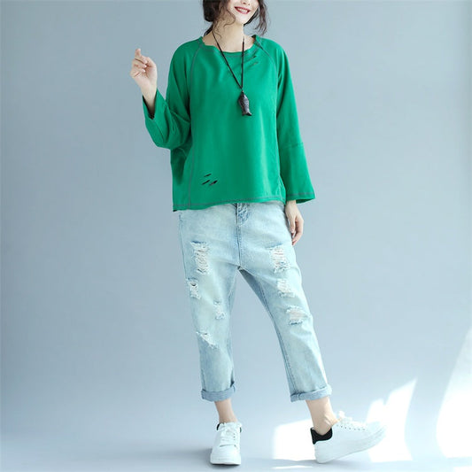 autumn green casual cotton pullover loose fashion batwing sleeve tops