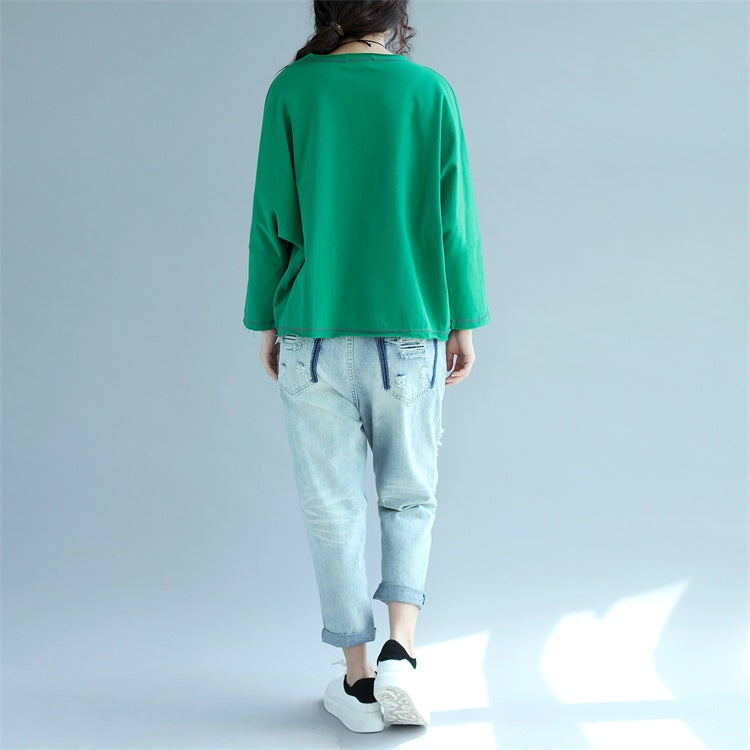 autumn green casual cotton pullover loose fashion batwing sleeve tops