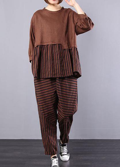 autumn khaki patchwork striped tops with elastic waist pants two pieces - SooLinen