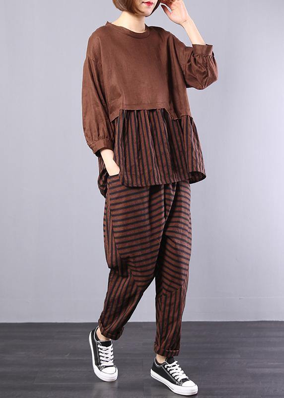 autumn khaki patchwork striped tops with elastic waist pants two pieces - SooLinen