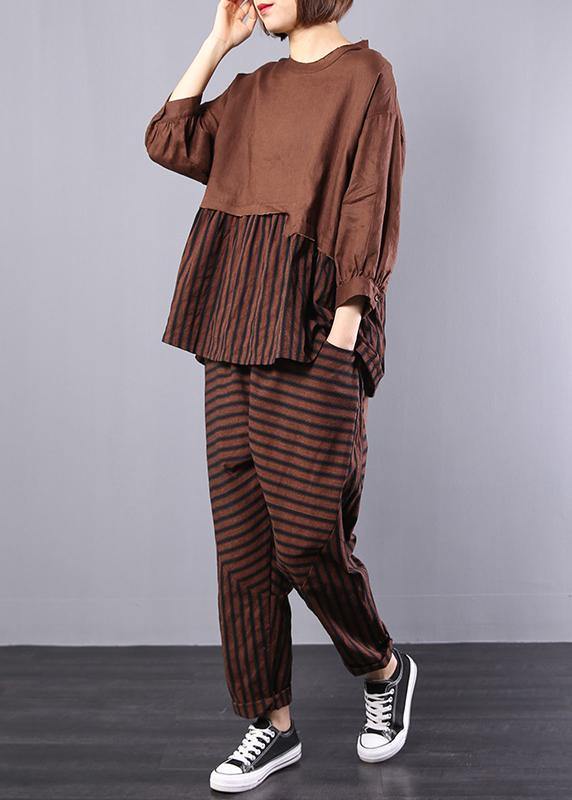 autumn khaki patchwork striped tops with elastic waist pants two pieces - SooLinen