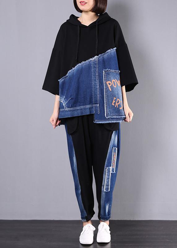 autumn new black patchwork blue hooded tops and casual big pockets trousers - SooLinen