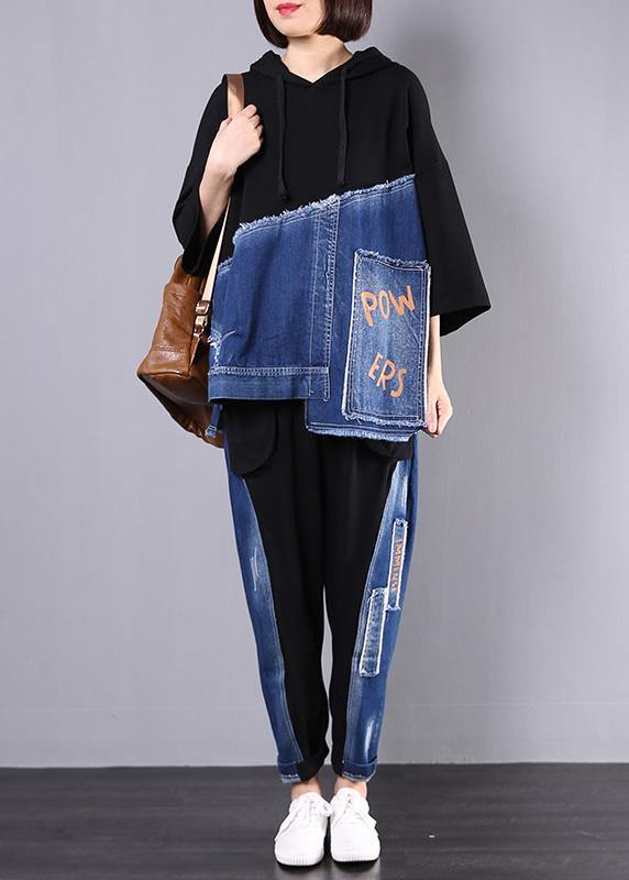 autumn new black patchwork blue hooded tops and casual big pockets trousers - SooLinen