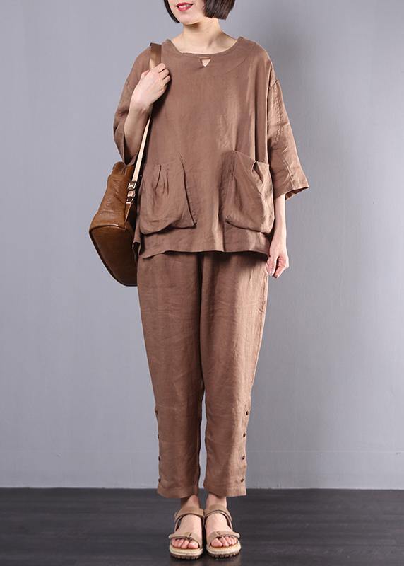 autumn new dark khaki big pockets tops and women casual trousers - SooLinen