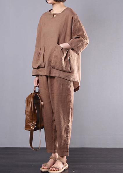 autumn new dark khaki big pockets tops and women casual trousers - SooLinen