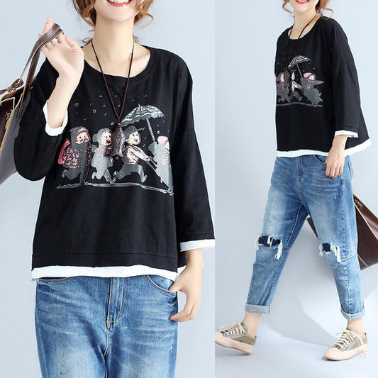 autumn thick prints cotton pullover oversize long sleeve tops