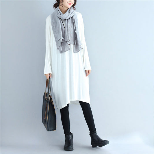 autumn white casual cotton t shirt dresses oversize long sleeve shift dress