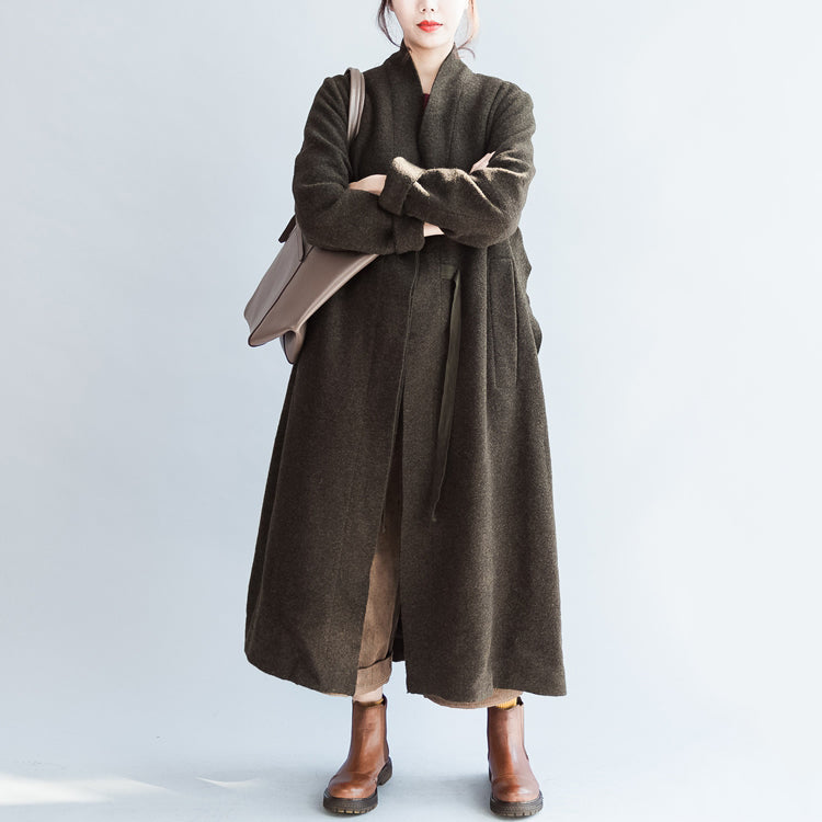 Automne Winter Blackish Green Fashion Woolen Cardigans plus taille Tie Tie Tank Femmes Trench Coats