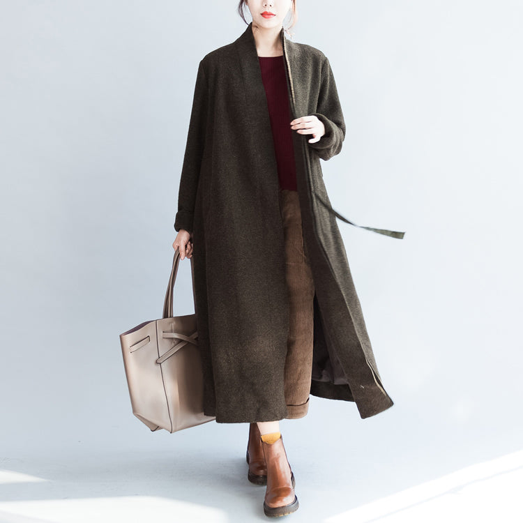 Automne Winter Blackish Green Fashion Woolen Cardigans plus taille Tie Tie Tank Femmes Trench Coats