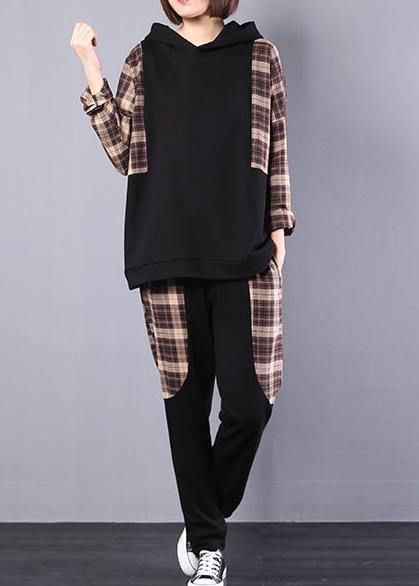 autumn women black patchwork khaki plaid hooded tops and casual pants two pieces - SooLinen