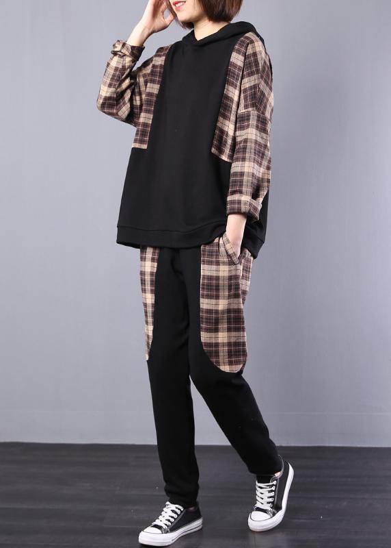 autumn women black patchwork khaki plaid hooded tops and casual pants two pieces - SooLinen