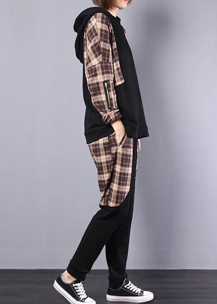 autumn women black patchwork khaki plaid hooded tops and casual pants two pieces - SooLinen