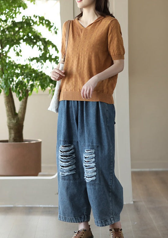 Pantalon de harem en denim élasticité creux lâche