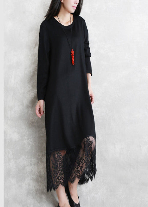 baggy black long wool blended dresses casual O neck patchwork traveling dress Elegant long sleeve lace autumn dress