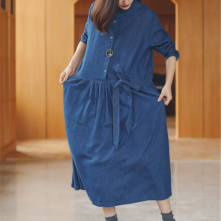 Robes en lin en coton long de jean Blue Blue