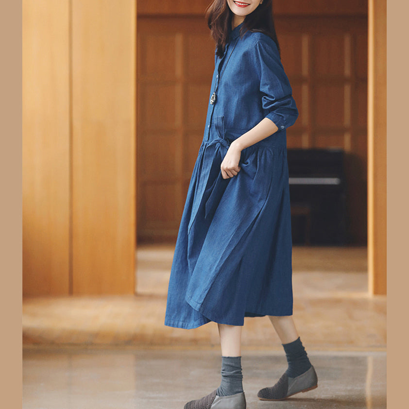 Robes en lin en coton long de jean Blue Blue