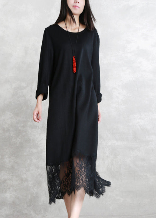 baggy black long wool blended dresses casual O neck patchwork traveling dress Elegant long sleeve lace autumn dress