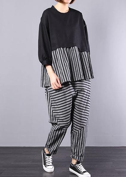 black patchwork striped two pieces cotton linen tops and striped harem pants - SooLinen