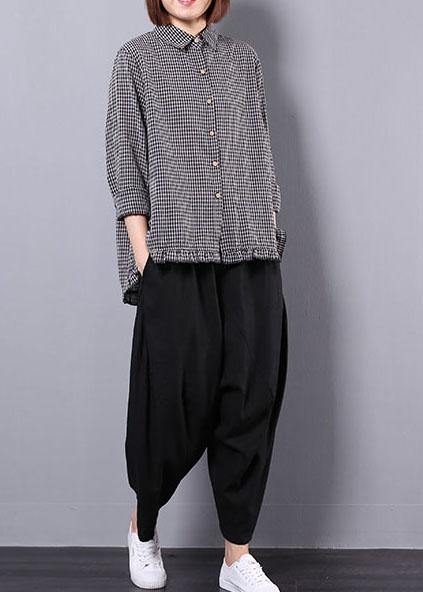 black plaid long sleeve cotton linen blouse with women black pants two pieces - SooLinen