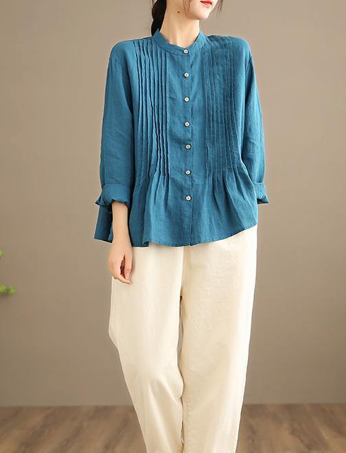 Organic Blue Spring Linen Shirt Tunics Casual Cotton Blouse - SooLinen