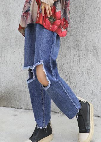 denim blue 2019 new high waist straight pants elastic waist ripped Jeans - SooLinen