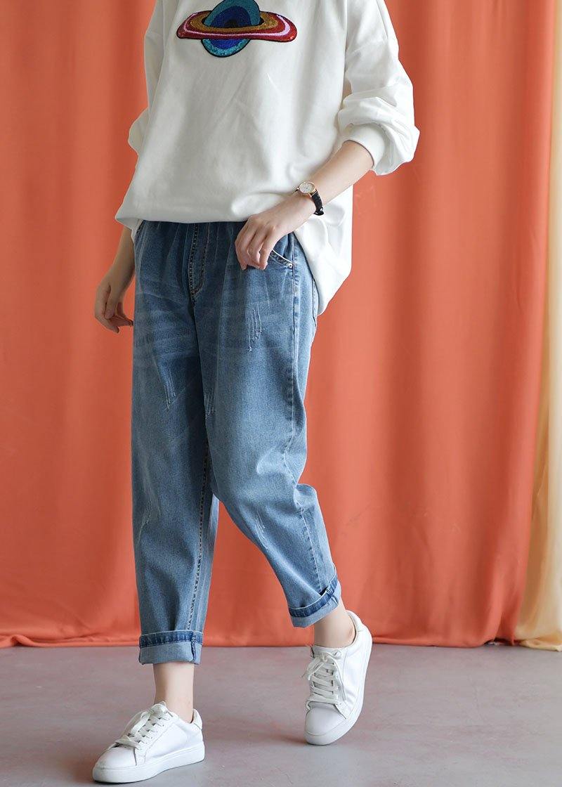 denim blue 2019 new wild elastic waist pants - SooLinen