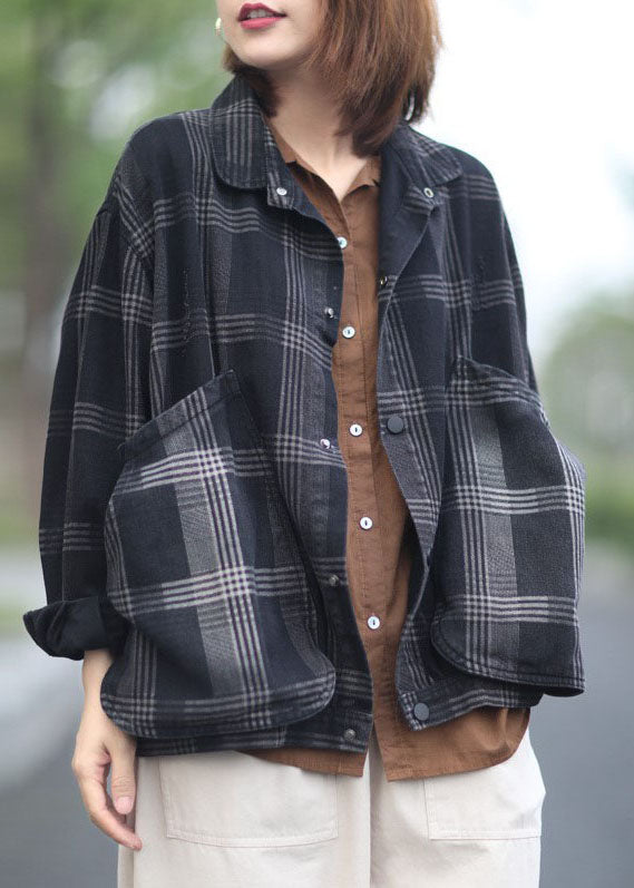 DIY Black Peter Pan Collar Pockets Plaid Denim Coats Spring