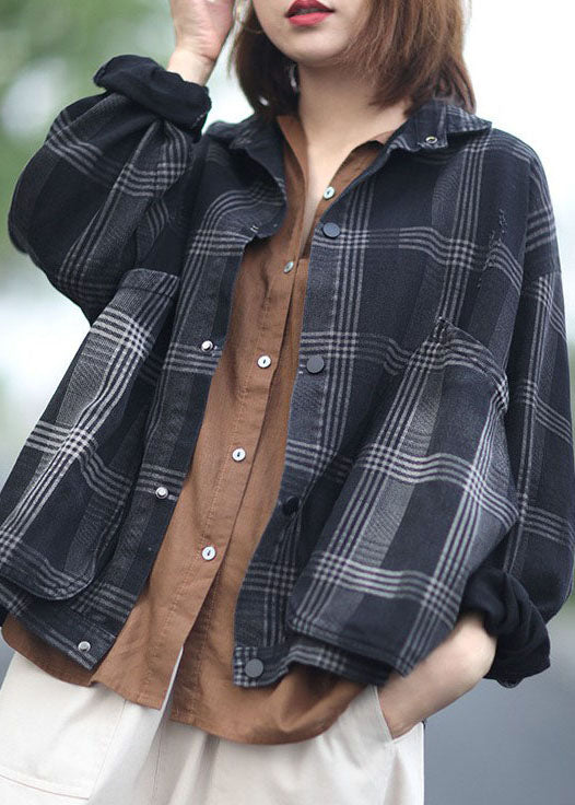 DIY Black Peter Pan Collar Pockets Plaid Denim Coats Spring