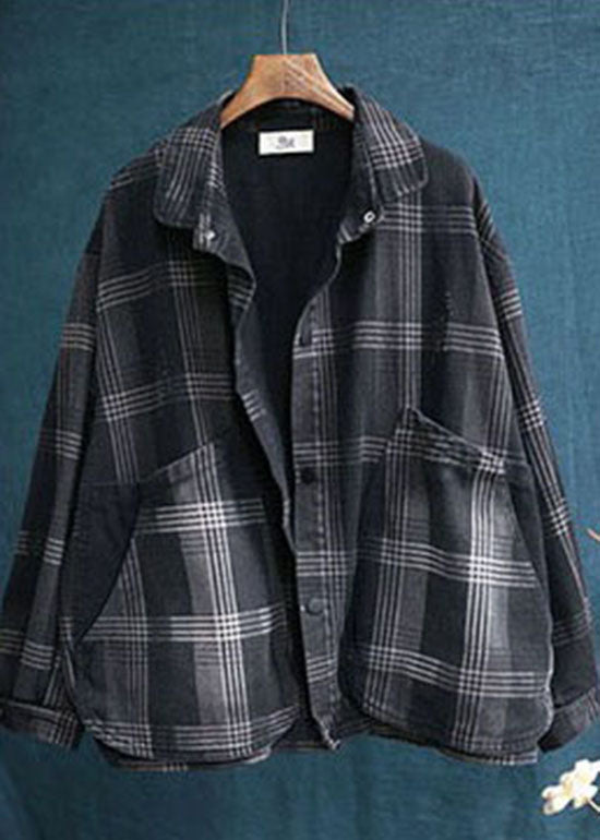 DIY Black Peter Pan Collar Pockets Plaid Denim Coats Spring