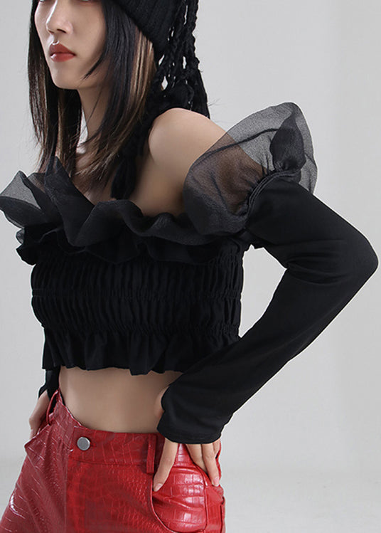 DIY Black Ruffled Tulle Cotton Top Cotton à manches longues