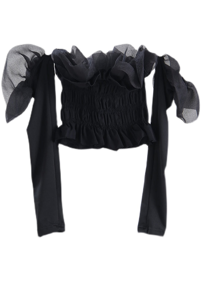 DIY Black Ruffled Tulle Cotton Top Cotton à manches longues