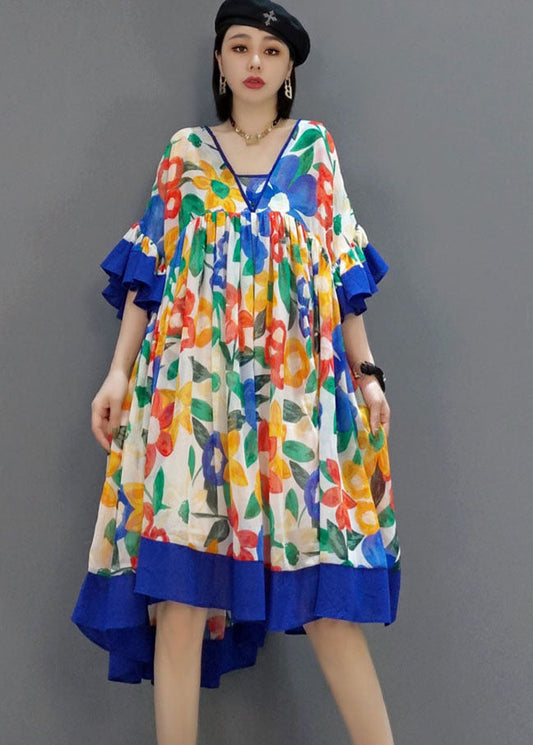 diy Blue wrinkled V Neck print Chiffon Dresses Summer