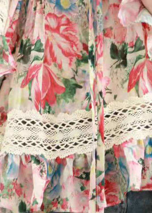 diy Print Lace Chiffon Blouses flare sleeve